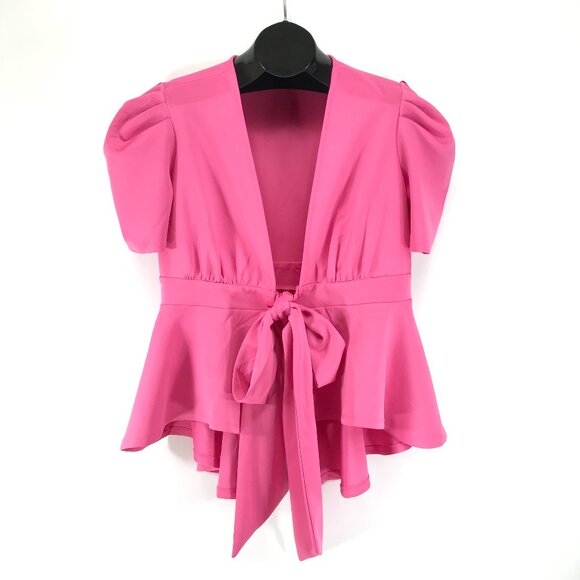 New York & Company Bow Waist Ruffle Hem Top Women's Plus Size 2X Pink Party - Picture 1 of 11